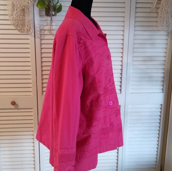 Coldwater Creek 2X Bright Pink Embroidered Button-Up Cotton Shirt Blouse - Picture 4 of 9